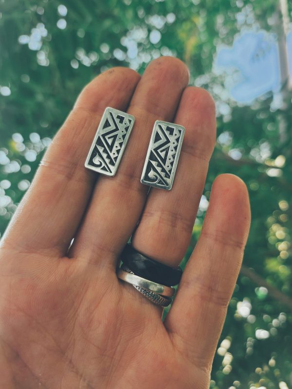 Earrings with ornament. Rectangular. Designer made of sterling silver