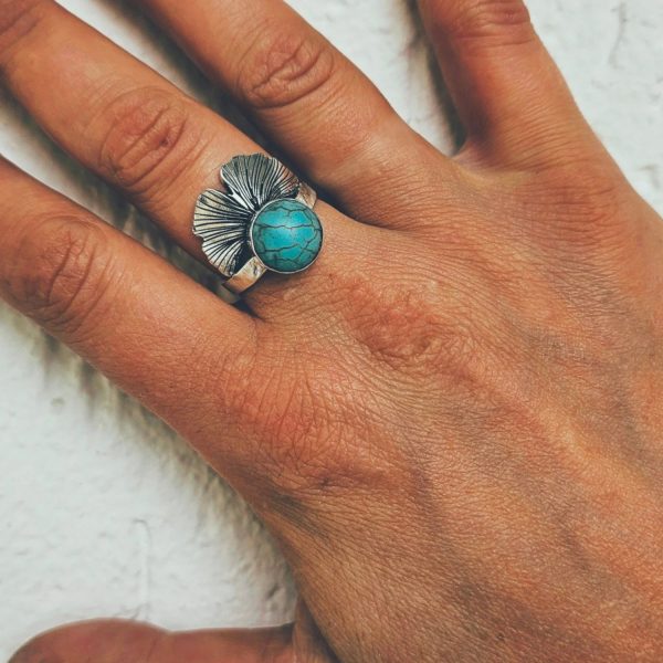 Ginkgo Biloba Ring with Natural Turquoise. Boho Style. Silver 925