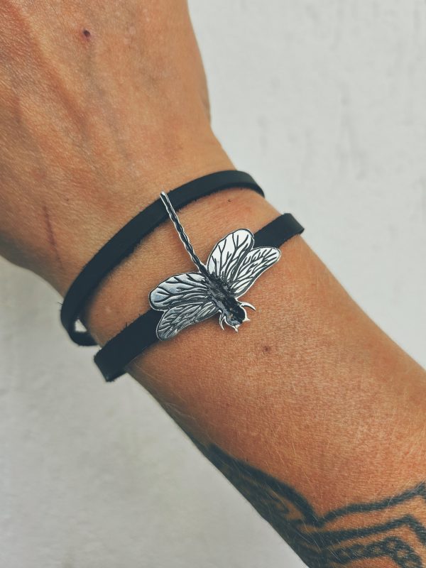 Bracelet made of genuine leather and silver dragonflies